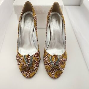 J. Crew Yellow and Brown Paisley Heels
